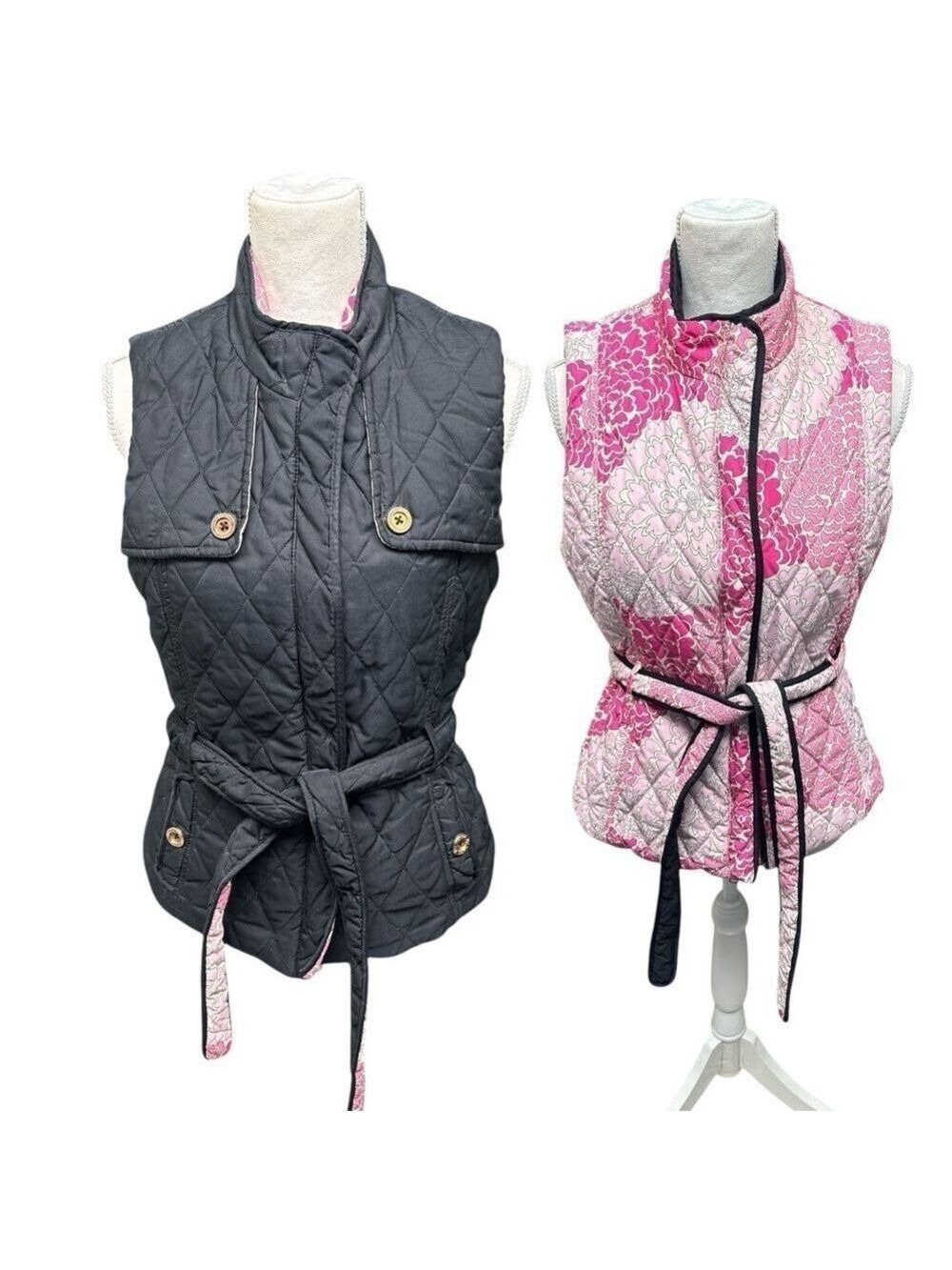 Lilly Pulitzer Women's S Reversible Quilted Floral Vest Pink Blk & White Size
